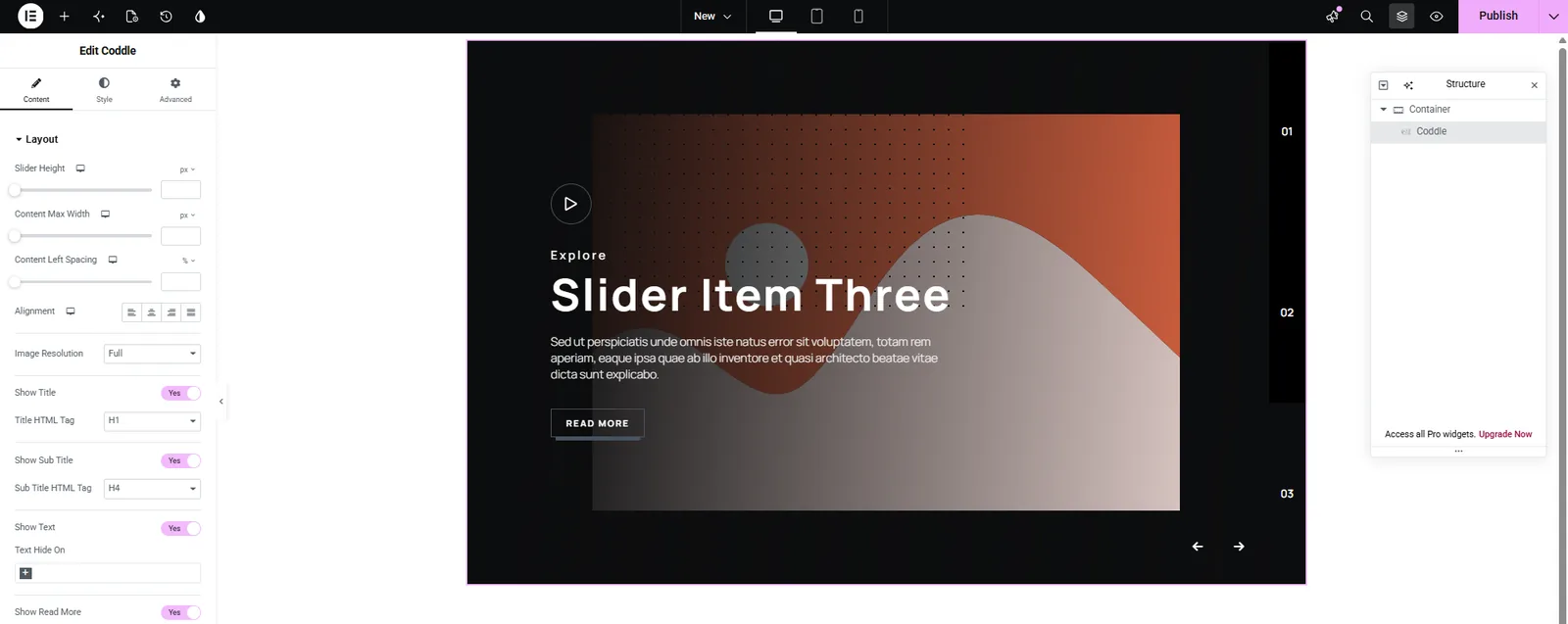 Prime Slider carousel widget added to the Elementor canvas