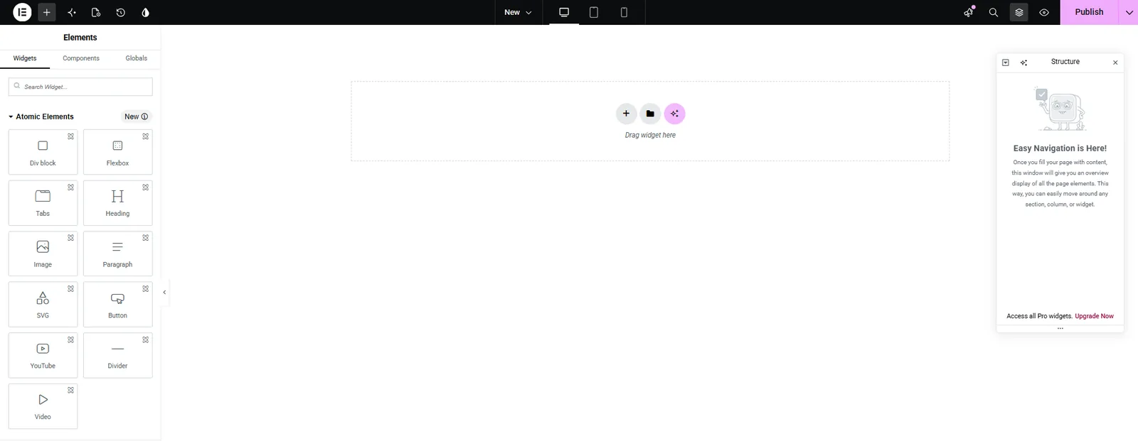 Elementor editor opened on a blank page