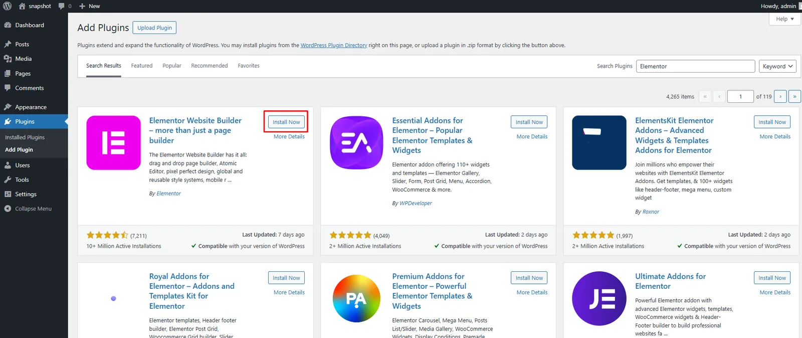 Install Elementor plugin from the WordPress plugin directory