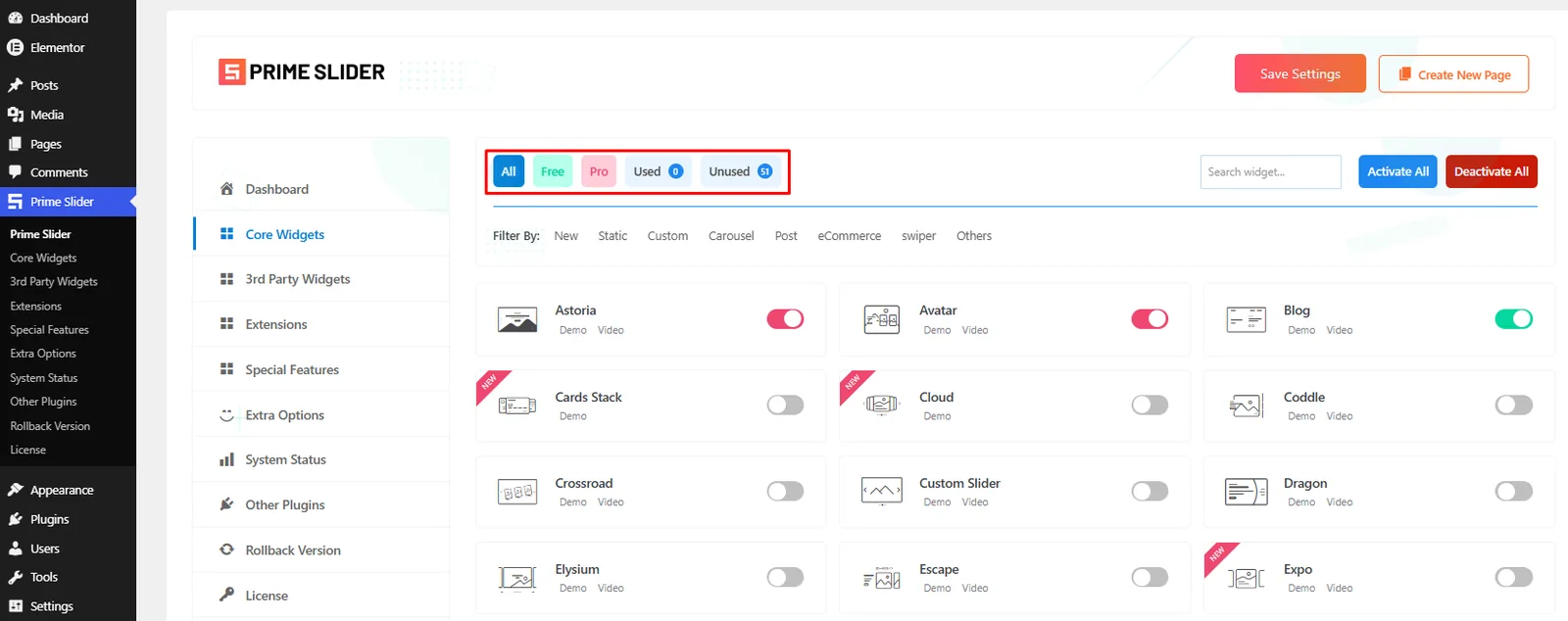 Prime Slider core widgets list with free and pro filters