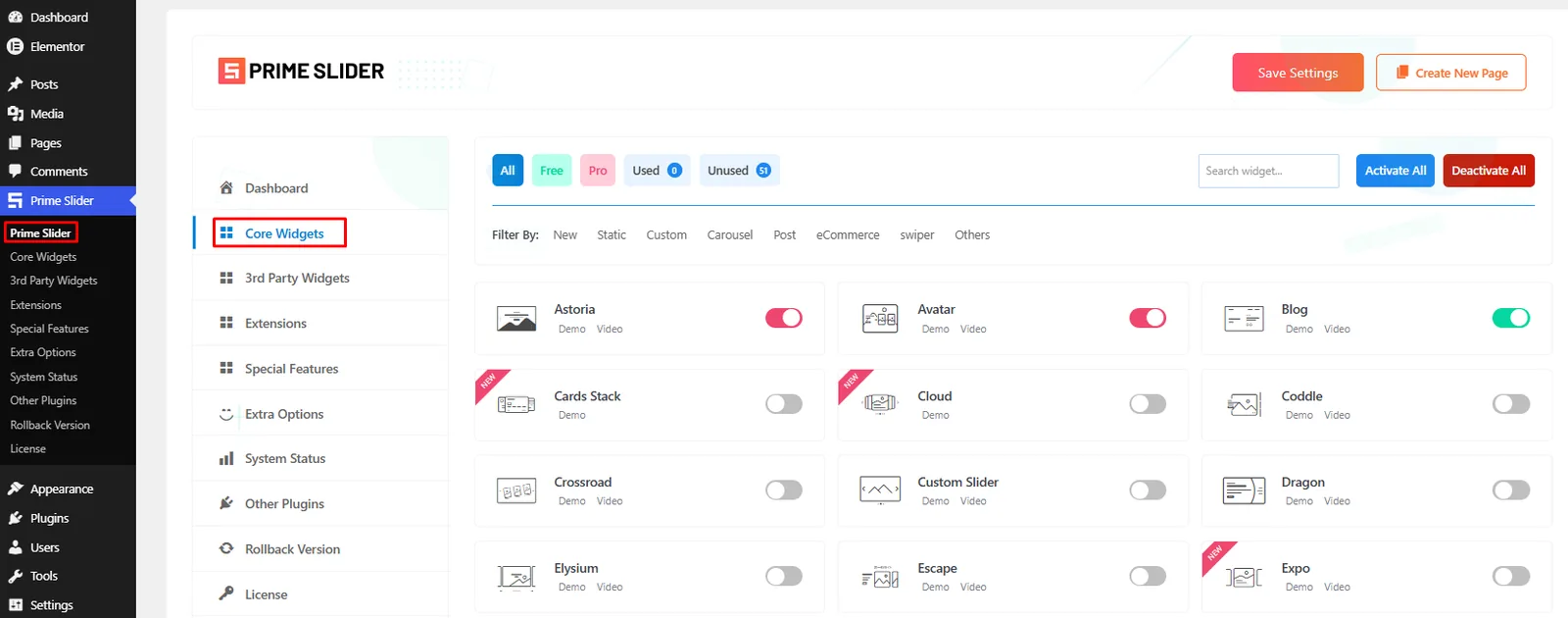 Open Prime Slider Core Widgets settings in WordPress