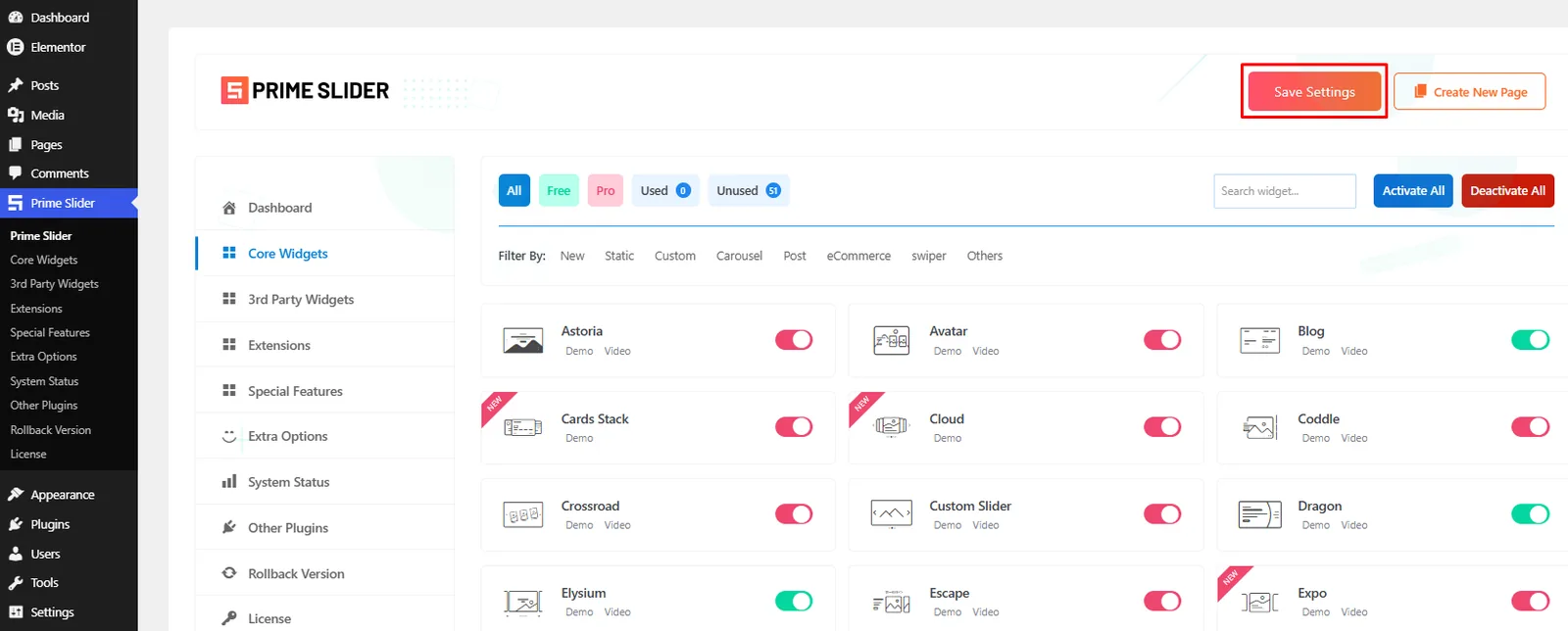 Save Prime Slider Core Widgets settings