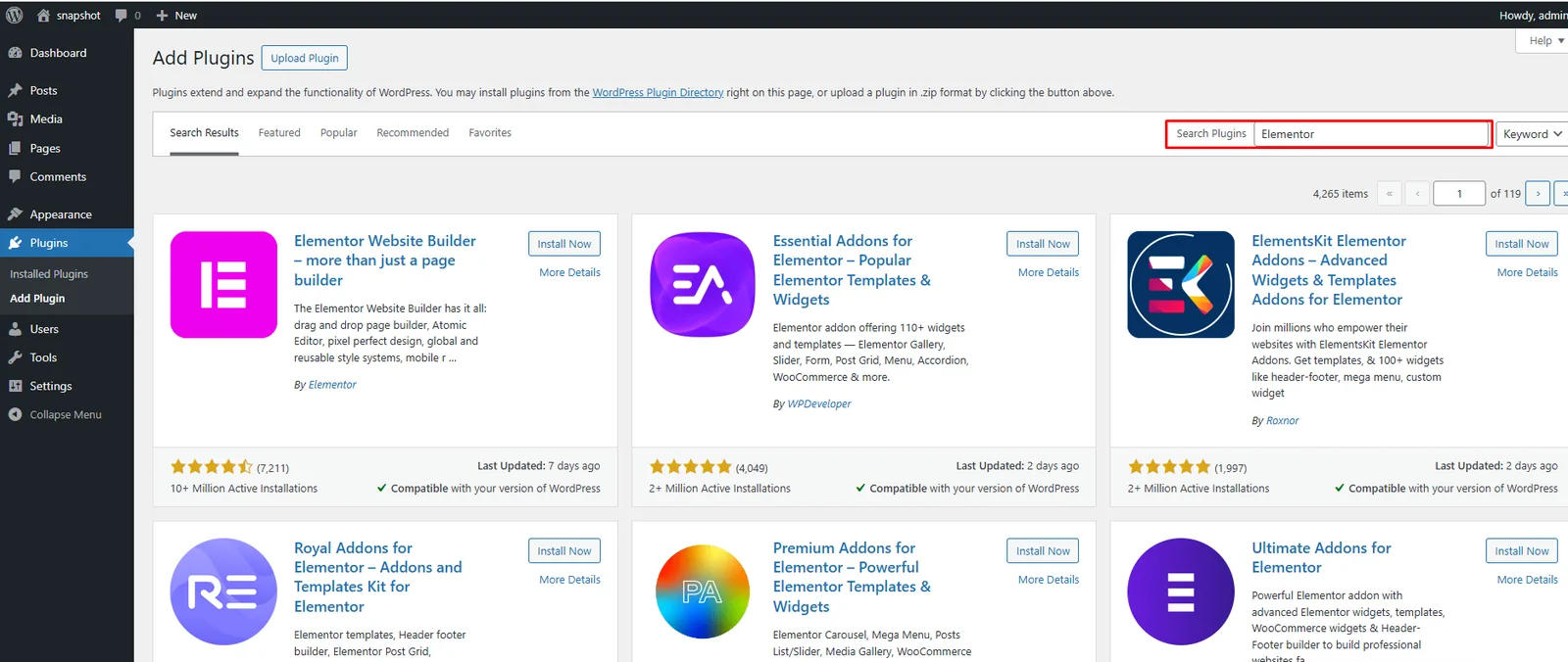 Search for the Elementor plugin in WordPress
