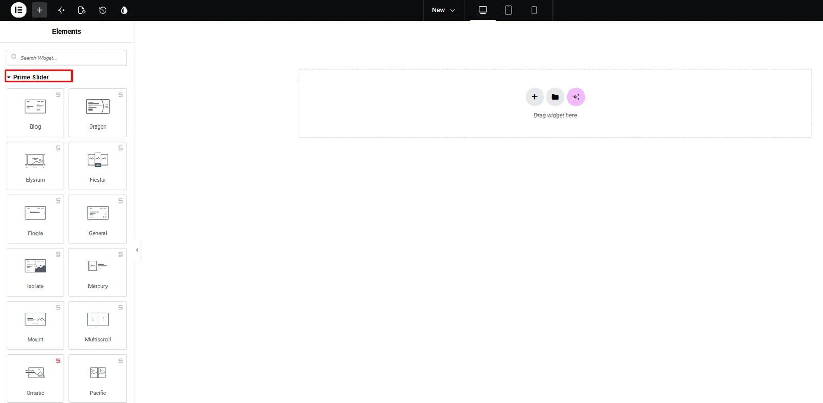 Search for a Prime Slider widget in the Elementor panel