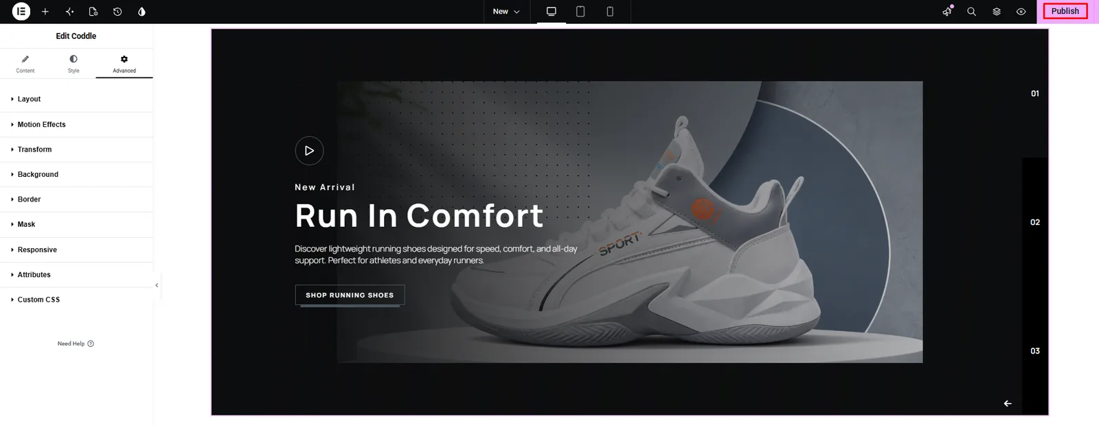 Advanced settings and publish controls for the carousel slider