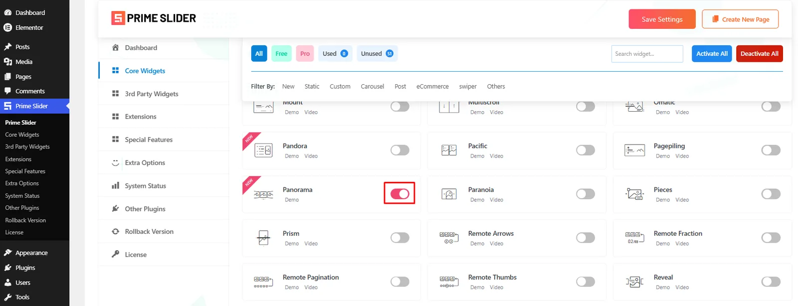 Toggle a Prime Slider widget on in Core Widgets
