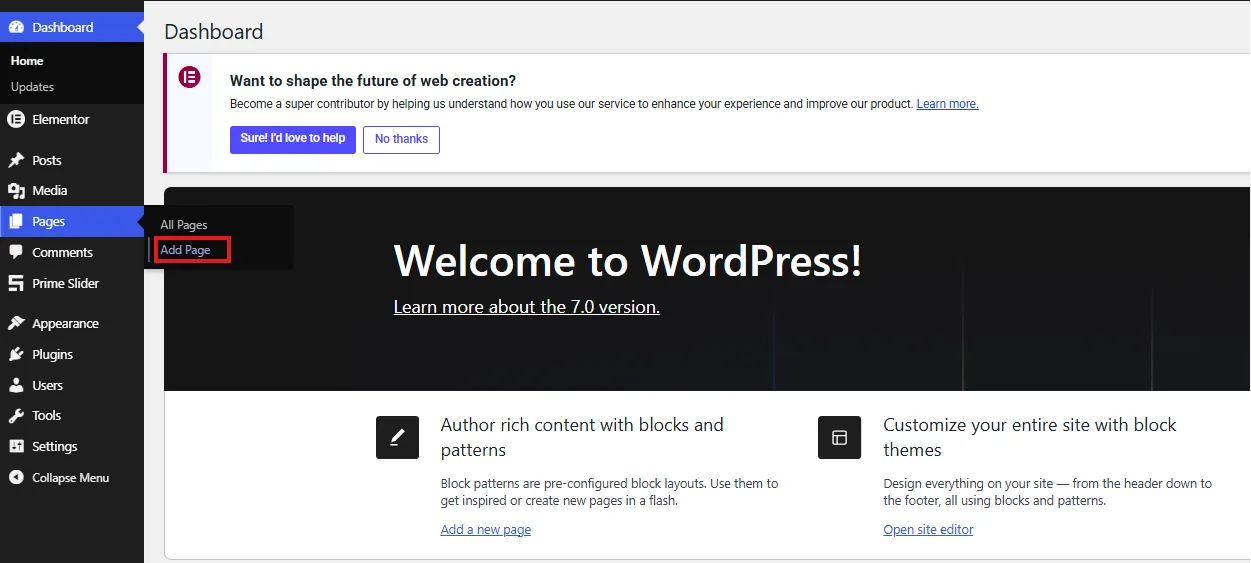 Add a new page in WordPress
