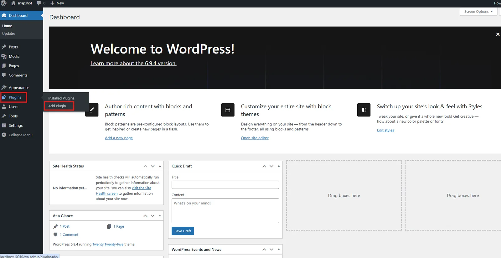 WordPress dashboard with Plugins and Add Plugin menu highlighted