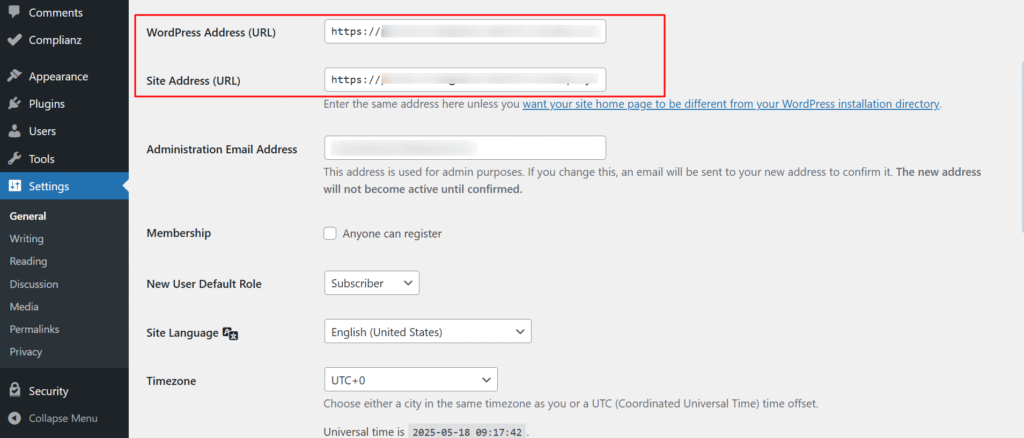 wordpress address and site address wordpress address and site address
