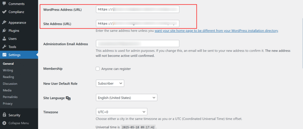 wordpress address and site address