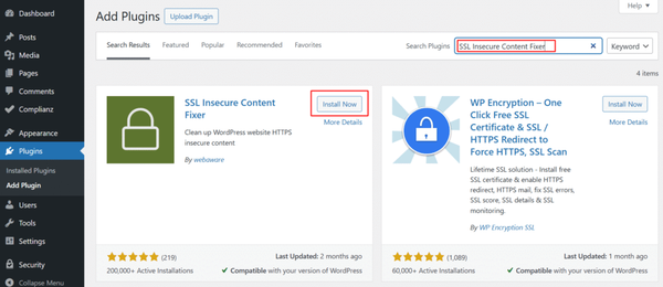 Search for SSL Insecure Content Fixer in the plugin search box