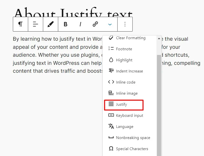 how to justify text in WordPress block editor