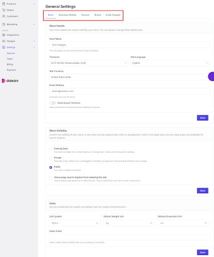 ecommerce store general settings