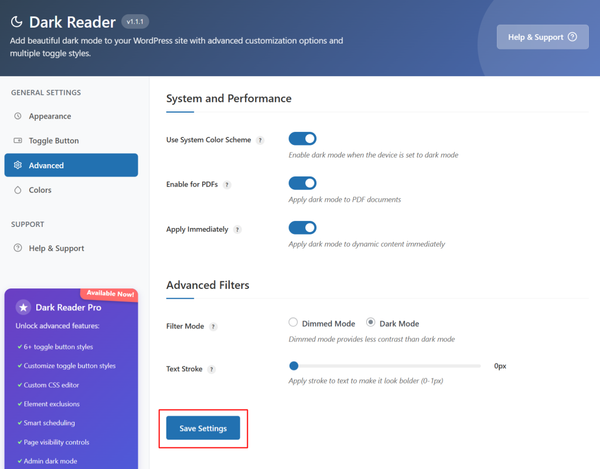Click Save Settings once all Advanced settings are configured