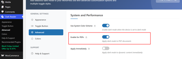 Enable Enable for PDFs to maintain dark mode consistency within those documents