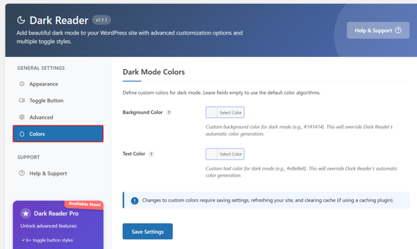 Open the Colors tab to fine-tune the dark mode palette