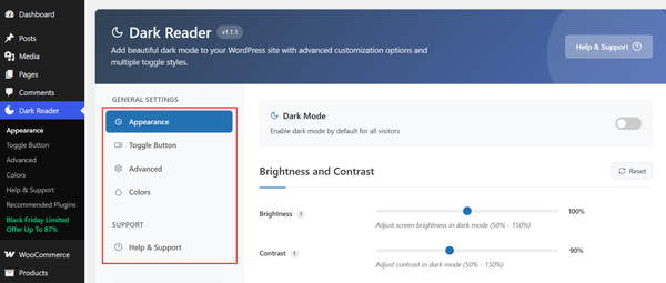 You will find five organized tabs: Appearance, Toggle Button, Advanced, Colors, and Help and Support.
