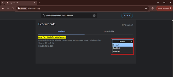 select the enabled option to enable dark mode on chrome browser