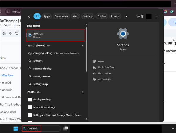 settings in windows