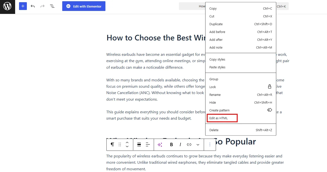Choose Edit as HTML in the Gutenberg block toolbar