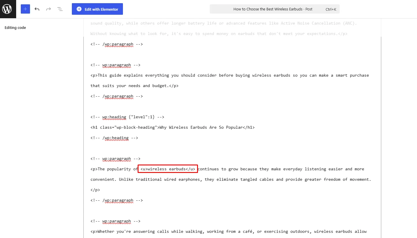 HTML u tag code example for underlining text in WordPress