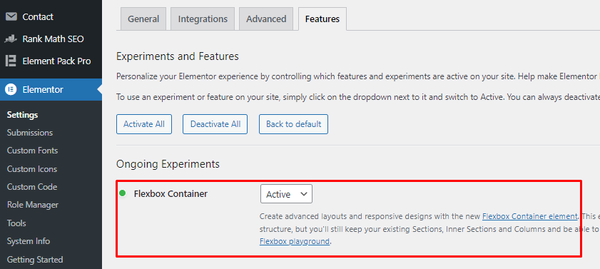 Enable Flexbox Container from Elementor settings