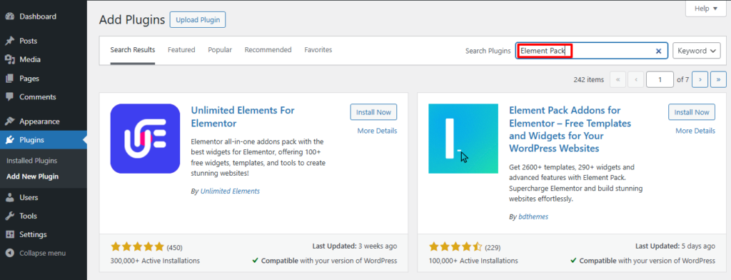 Searching Element Pack Pro Plugin on Plugin Search Bar Searching Element Pack Pro Plugin on Plugin Search Bar