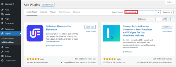 Searching Element Pack Pro Plugin on Plugin Search Bar