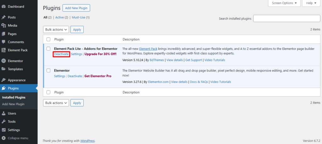 Deactivating a Plugin on a WordPress Website Deactivating a Plugin on a WordPress Website