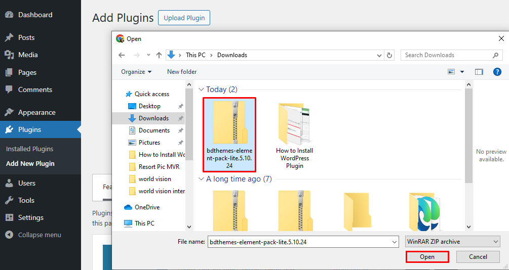 selecting the previously installed zip file of the plugin selecting the previously installed zip file of the plugin