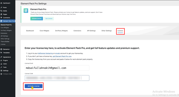 Entering license key on your WordPress website