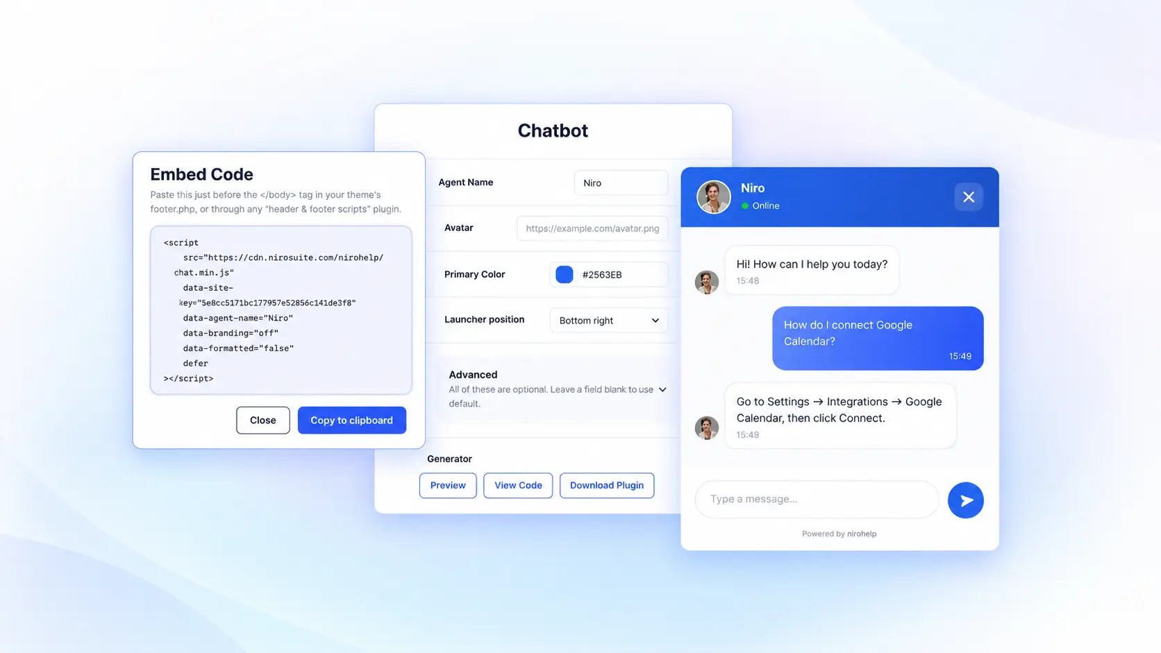 NiroHelp AI chatbot settings, embed code, and a live chat answering a customer question NiroHelp AI chatbot settings, embed code, and a live chat answering a customer question
