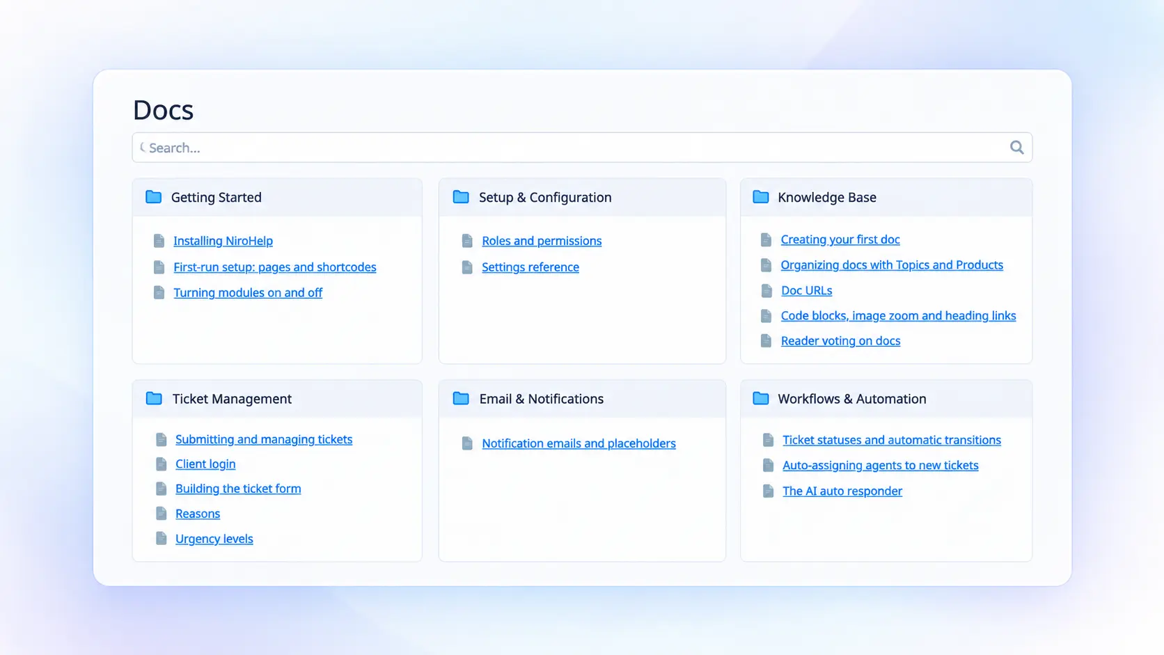 NiroHelp knowledge base with a search bar and documentation grouped into categories NiroHelp knowledge base with a search bar and documentation grouped into categories