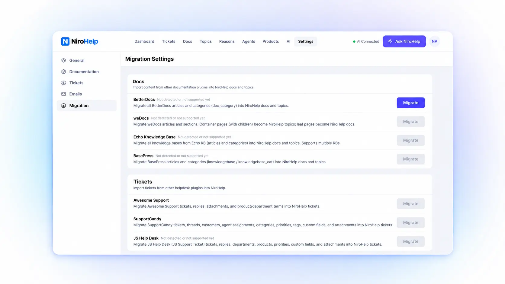 NiroHelp migration settings listing documentation and ticket importers from other WordPress plugins NiroHelp migration settings listing documentation and ticket importers from other WordPress plugins