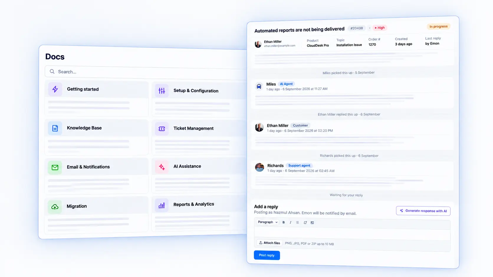 NiroHelp support ticket view showing ticket details, AI agent, customer, and support agent replies NiroHelp support ticket view showing ticket details, AI agent, customer, and support agent replies