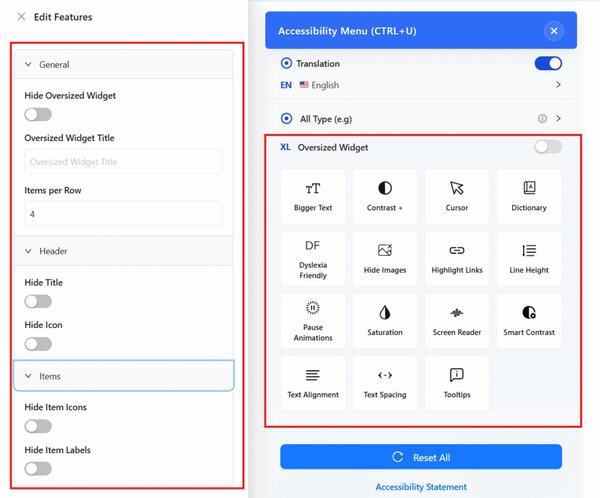 set features in accessibility menu