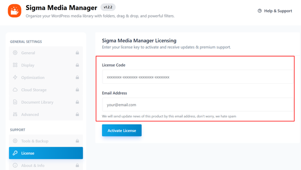 license code and email address of sigma media manager