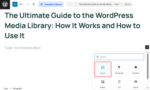 selecting media, gallery from block editor to add on your website