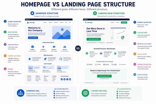Comparison of homepage and landing page