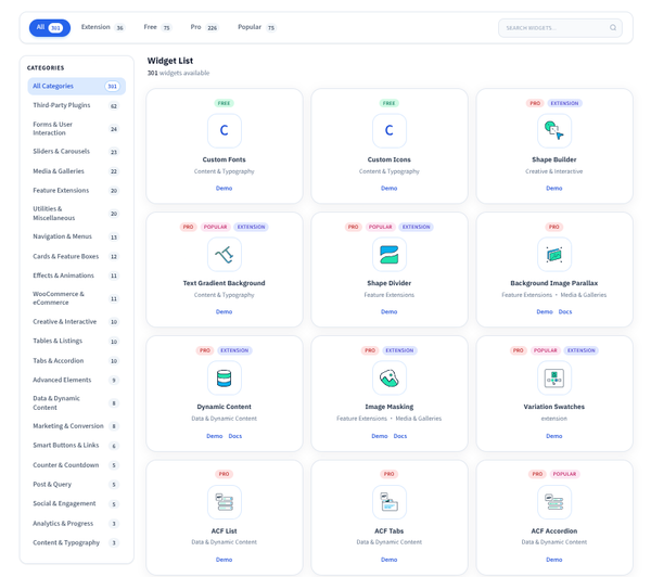 Widget list with various categories displayed