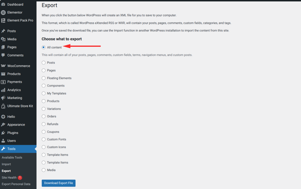 Select what to export