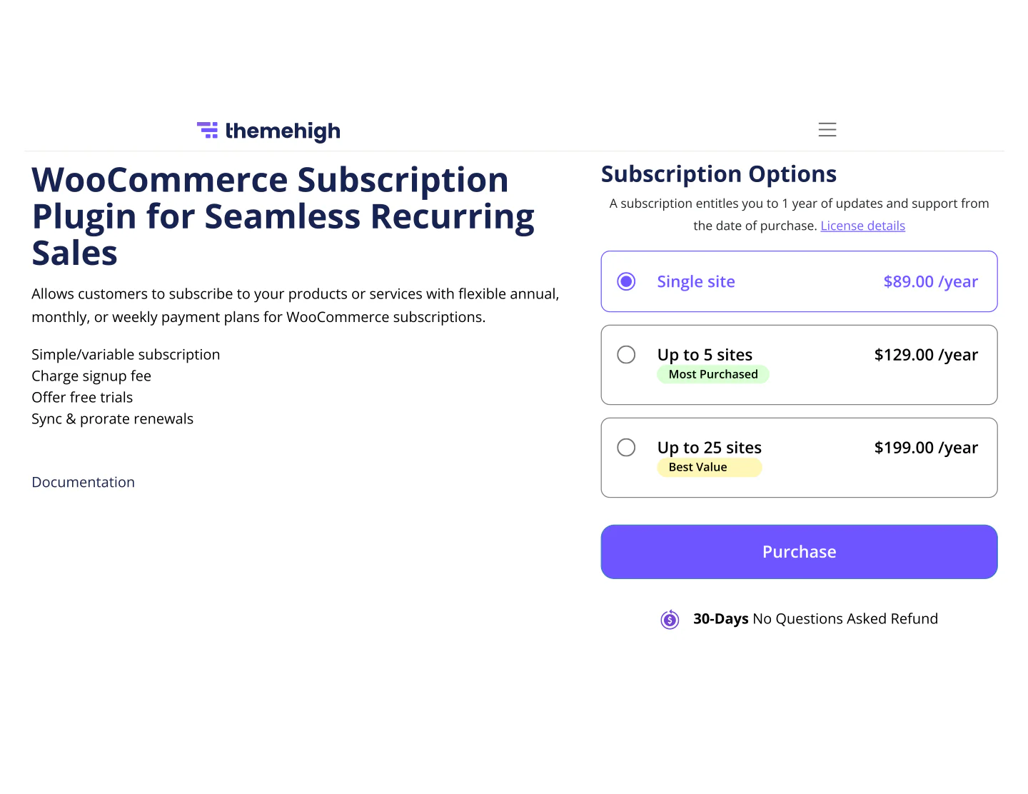 The current Subscriptions for WooCommerce product website under ThemeHigh ownership.