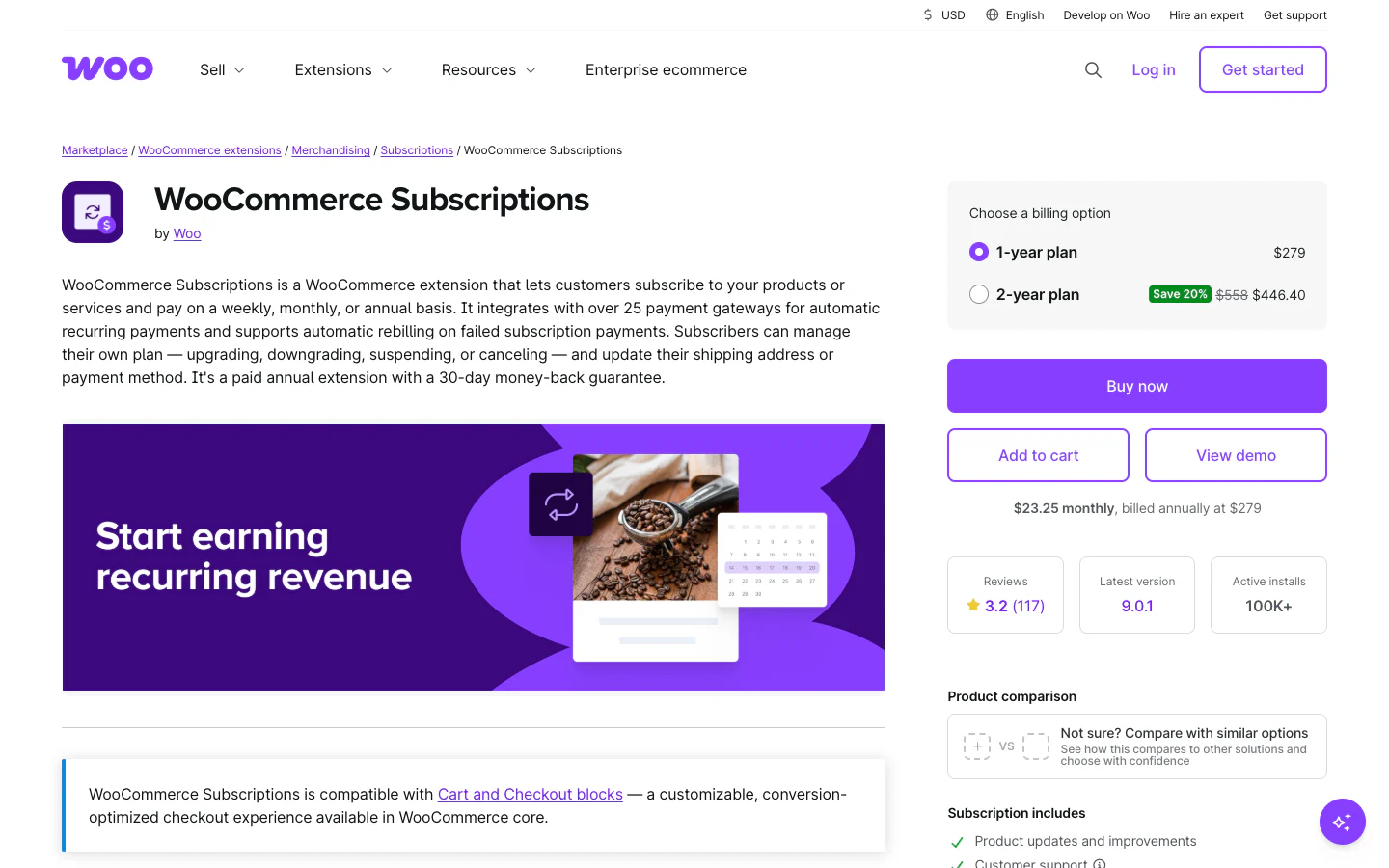 The current WooCommerce Subscriptions product website.