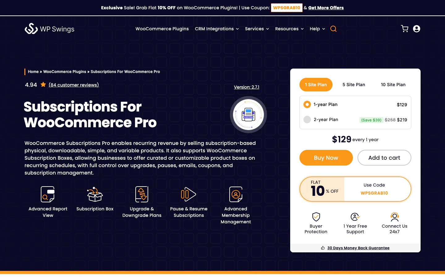 The current Subscriptions for WooCommerce Pro by WP Swings product website.