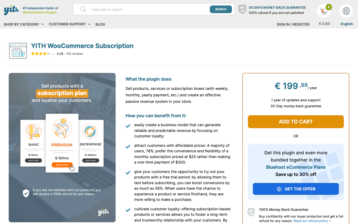 The current YITH WooCommerce Subscription product website.