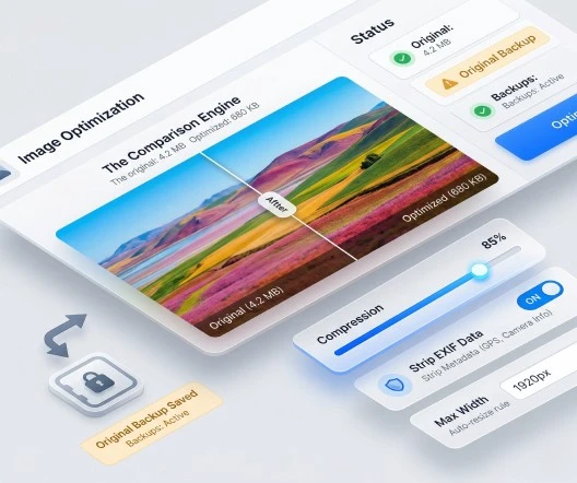 Optimization settings showing compression slider, auto-resize toggle, and EXIF removal