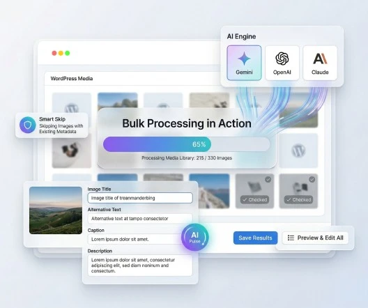 AI metadata generation interface showing bulk processing results