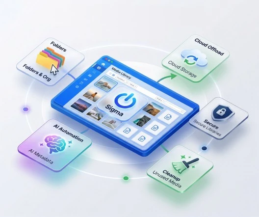Sigma Media Manager dashboard — folders, AI metadata, cloud offload, and document libraries in one interface