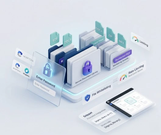 Front-end document library with grid layout, search bar, and password prompt