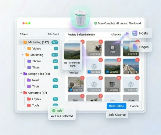Unused media scan results with preview thumbnails and delete options